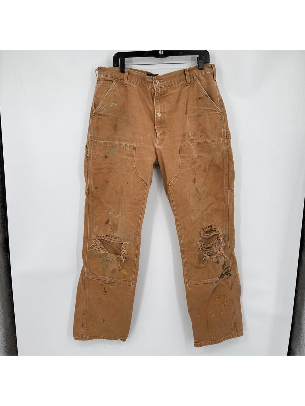 Men's Carhartt Distressed Double Knee Loose Fit Khaki Brown Utility Pants 38x34